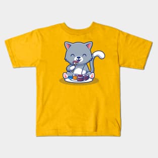 Cute Cat Eating Sushi Kids T-Shirt